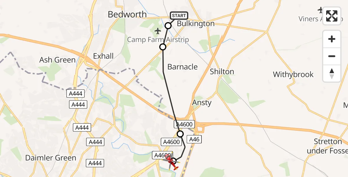 Flight route Air Ambulance Helicopter Bulkington - University Hospital Coventry, 31 August 2026, 09:48
