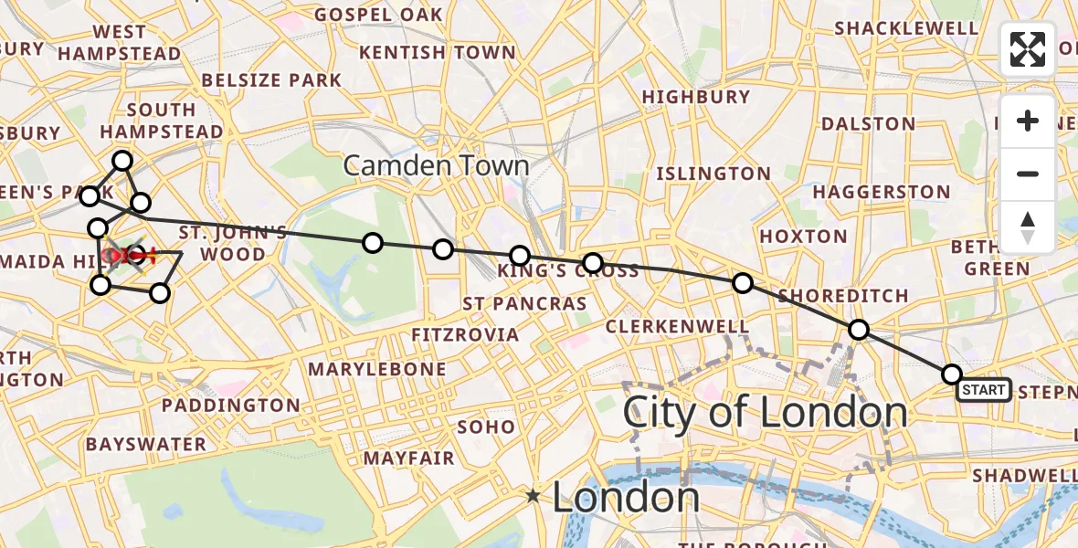 Flight route Air Ambulance Helicopter Royal London Hospital - Queen's Park, 31 August 2026, 09:51