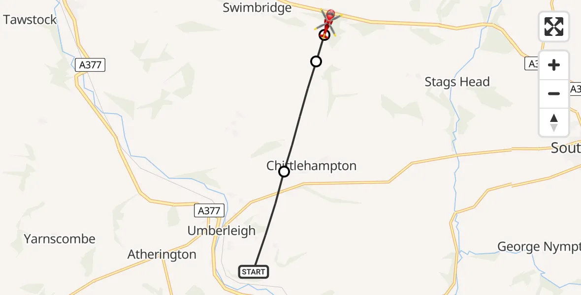 Flight route Air Ambulance Helicopter Umberleigh - Filleigh, 31 August 2026, 09:55