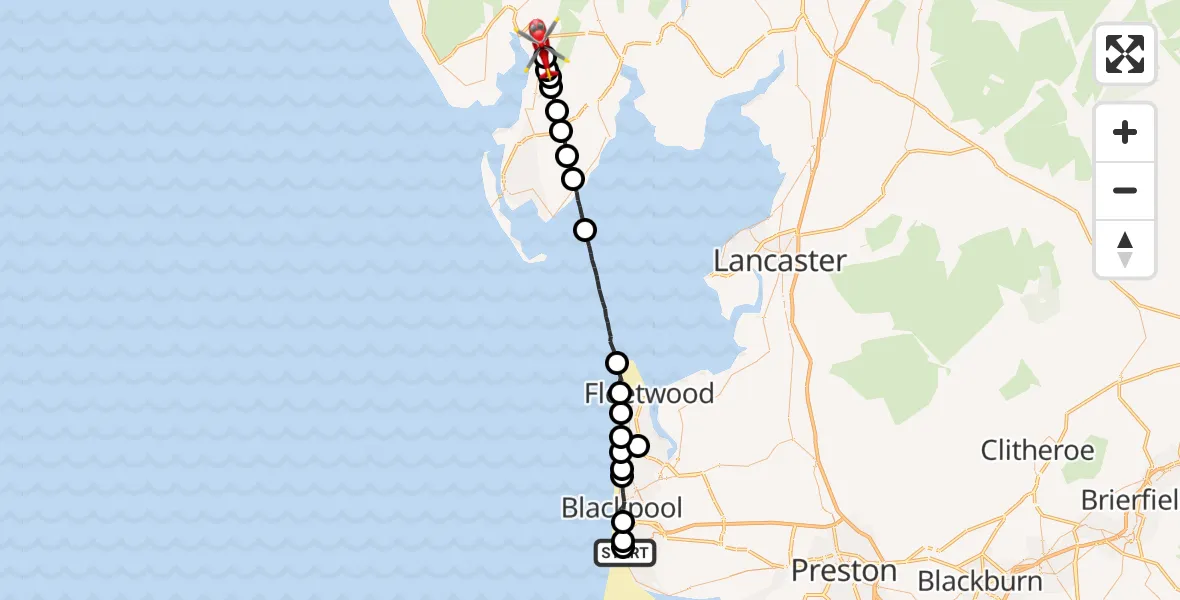 Flight route Air Ambulance Helicopter Blackpool Airport - Marsh Side, 31 August 2026, 10:00