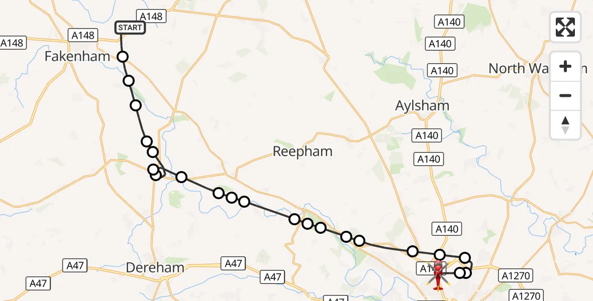 Flight route Air Ambulance Helicopter Little Snoring - Norwich Airport, 31 August 2026, 10:10