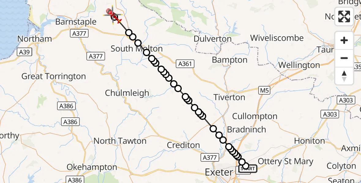 Flight route Air Ambulance Helicopter Exeter International Airport - Stoke Rivers, 31 August 2026, 10:13