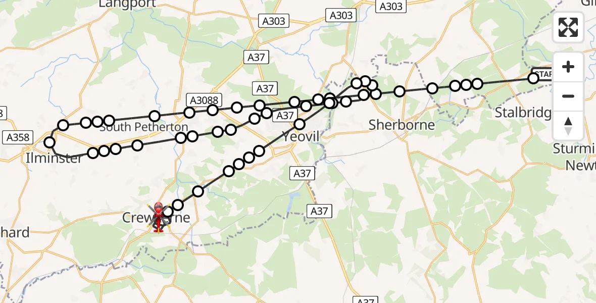 Flight route Air Ambulance Helicopter Henstridge Airfield - Crewkerne, 31 August 2026, 10:21