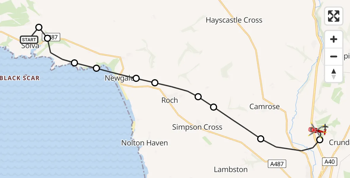 Flight route Air Ambulance Helicopter Solva - Haverfordwest Airport, 31 August 2026, 10:27