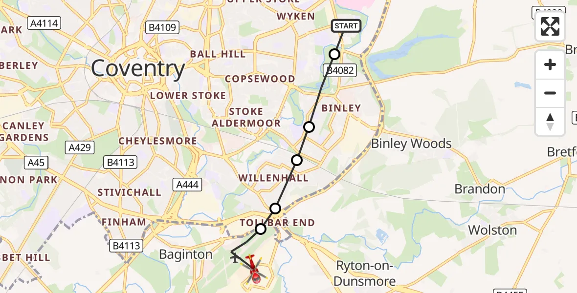 Flight route Air Ambulance Helicopter Clifford Park - Coventry Airport, 31 August 2026, 10:28