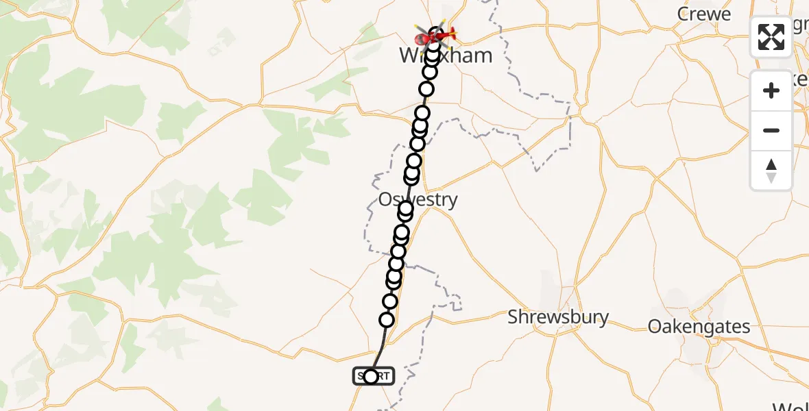 Flight route Air Ambulance Helicopter Welshpool Airport - Bradley, 31 August 2026, 10:27