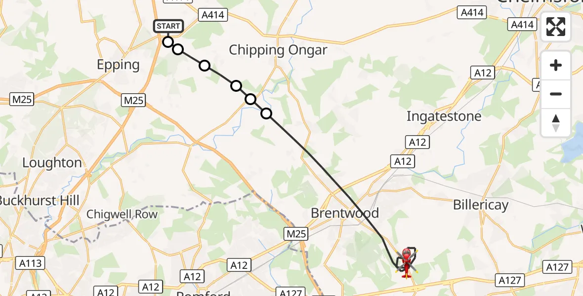 Flight route Air Ambulance Helicopter North Weald Airfield - Brentwood, 31 August 2026, 10:45