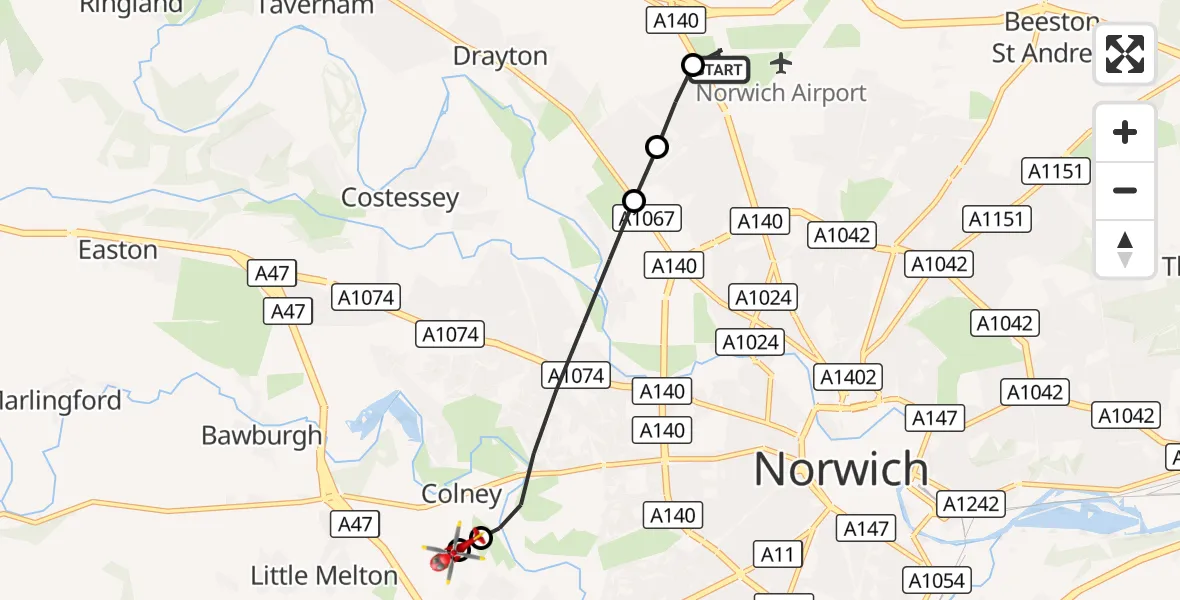 Flight route Air Ambulance Helicopter Norwich Airport - Norfolk & Norwich Hospital, 31 August 2026, 10:47