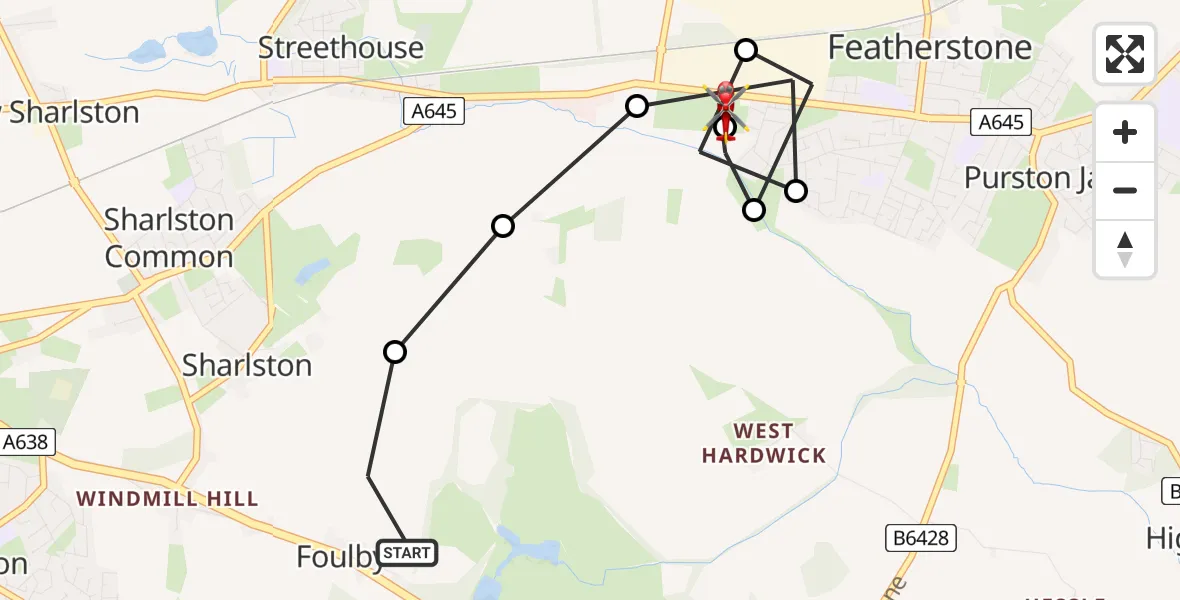 Flight route Air Ambulance Helicopter YAA Nostell Helicopter Port - Featherstone, 31 August 2026, 11:02