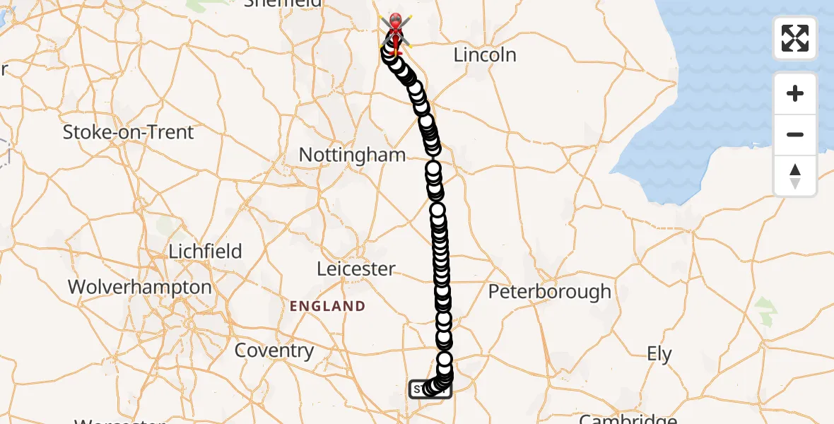 Flight route Air Ambulance Helicopter Sywell Aerodrome - Retford Gamston Airport, 31 August 2026, 11:05