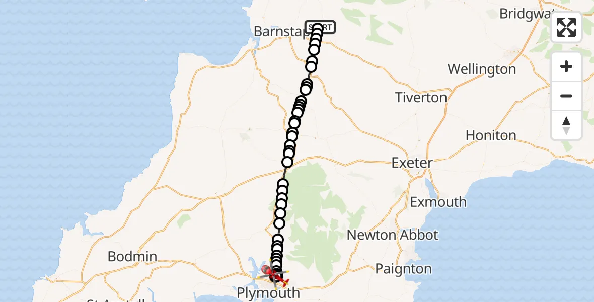 Flight route Air Ambulance Helicopter Stoke Rivers - Derriford Hospital, 31 August 2026, 11:13