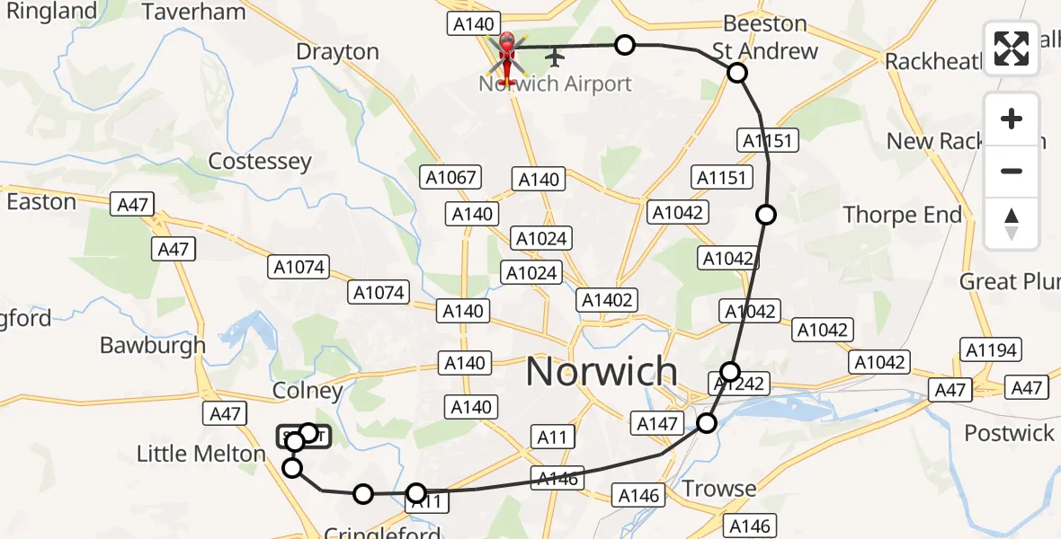 Flight route Air Ambulance Helicopter Norfolk & Norwich Hospital - Norwich Airport, 31 August 2026, 11:15