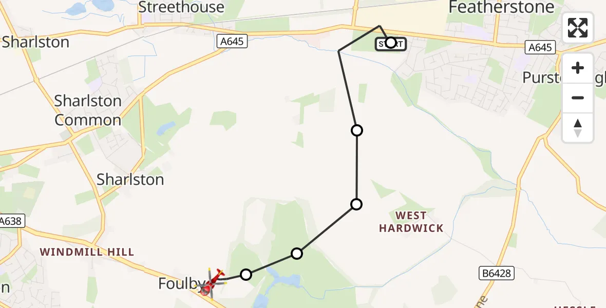 Flight route Air Ambulance Helicopter Featherstone - YAA Nostell Helicopter Port, 31 August 2026, 11:18