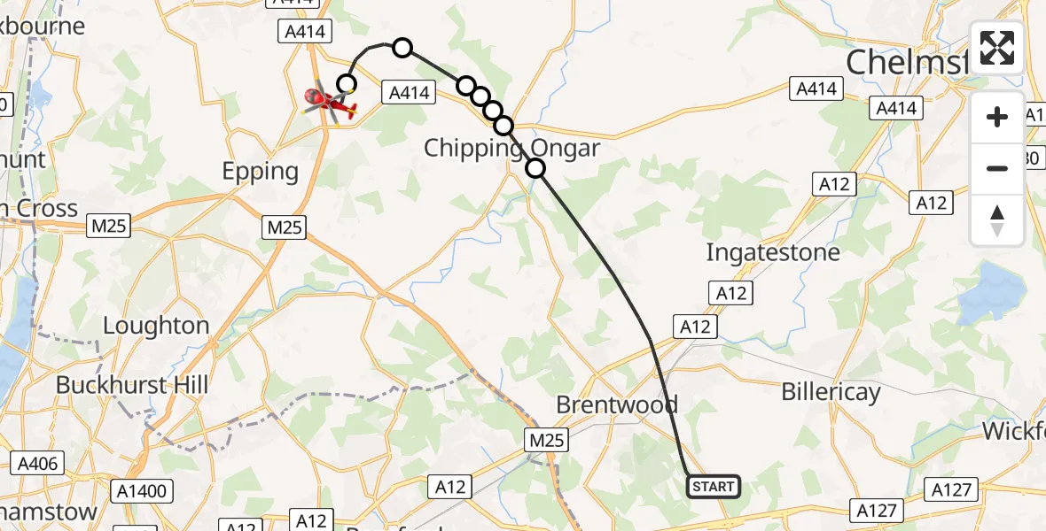 Flight route Air Ambulance Helicopter Brentwood - North Weald Airfield, 31 August 2026, 11:43