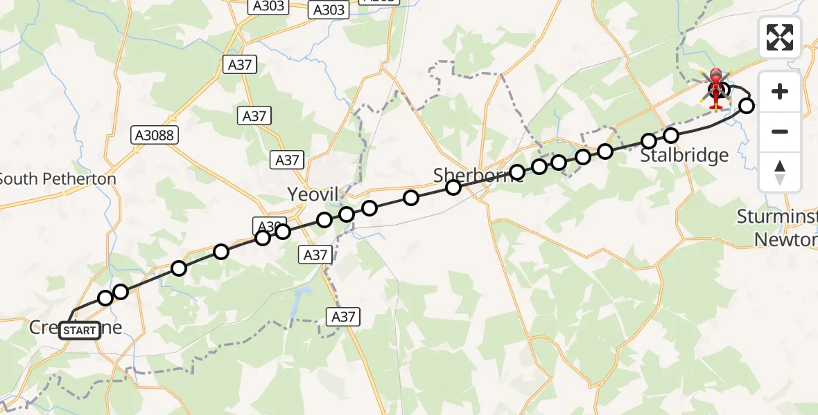 Flight route Air Ambulance Helicopter Crewkerne - Henstridge Airfield, 31 August 2026, 11:50
