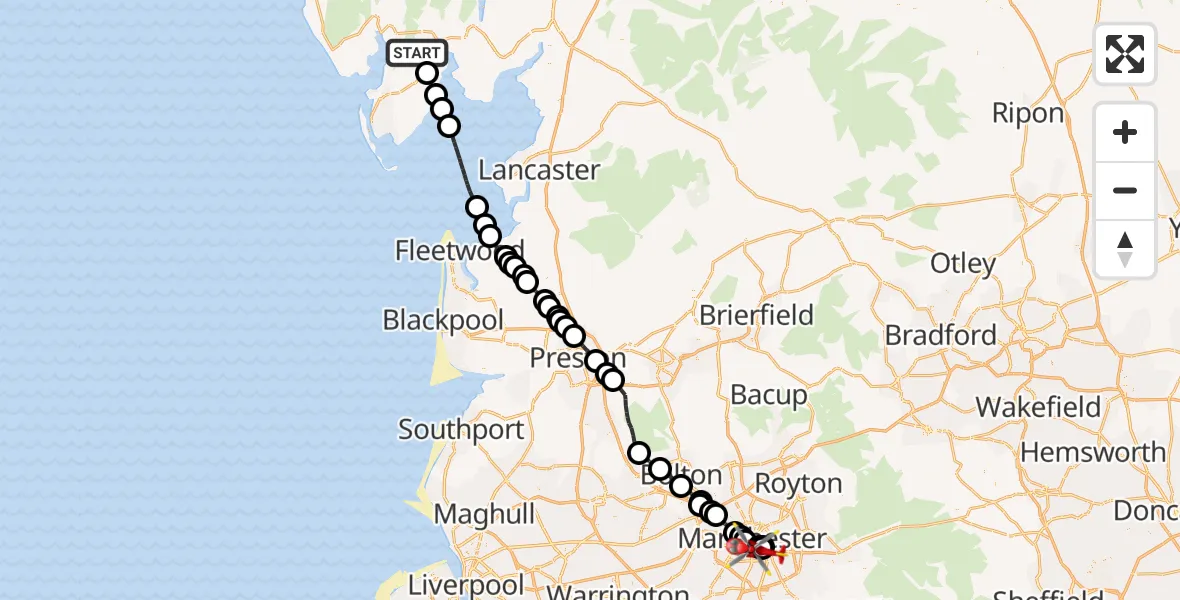 Flight route Air Ambulance Helicopter Broughton Beck - Chorlton-on-Medlock, 31 August 2026, 12:08