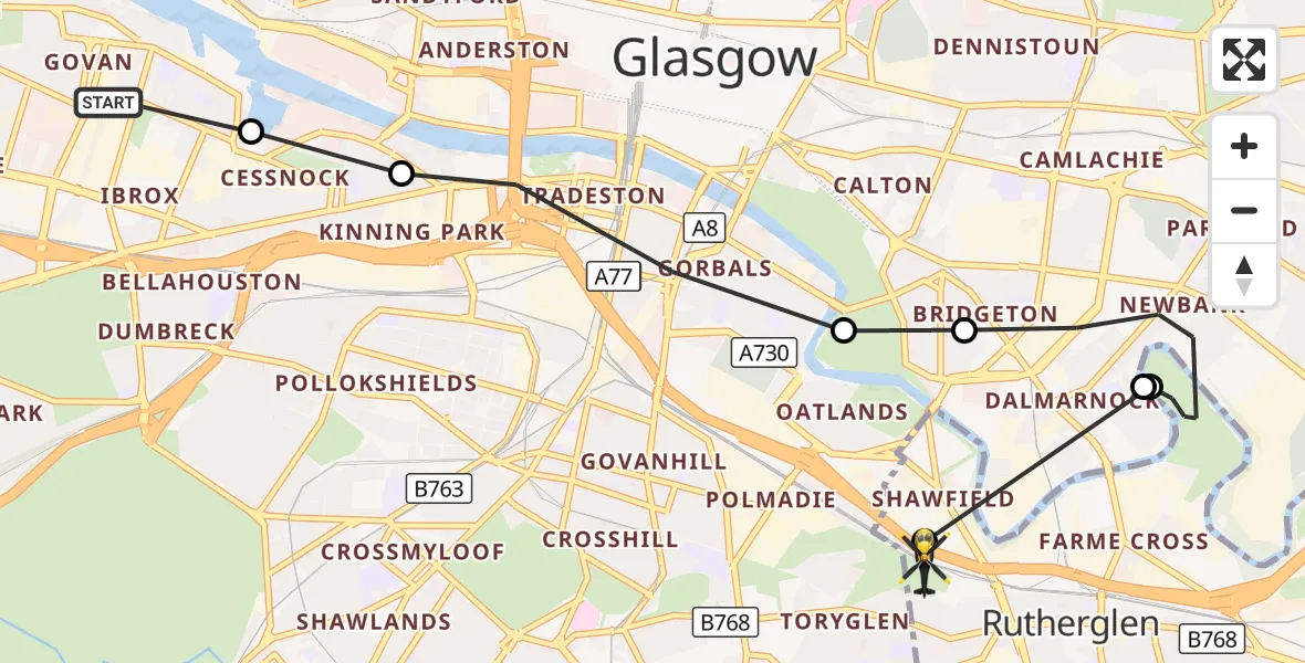 Flight route Police Helicopter Glasgow - Rutherglen, 31 August 2026, 12:13