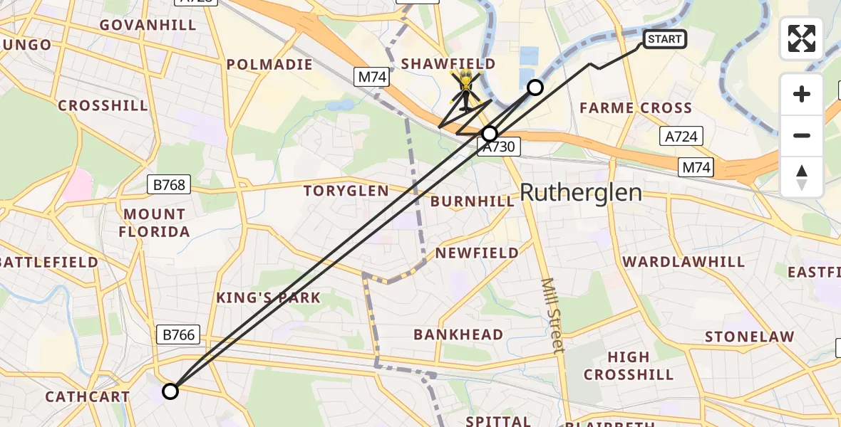 Flight route Police Helicopter Rutherglen - Rutherglen, 31 August 2026, 12:18