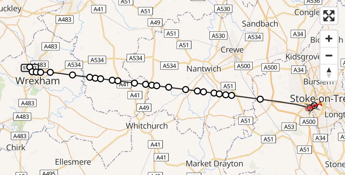 Flight route Air Ambulance Helicopter Stansty - Stoke, 31 August 2026, 12:24