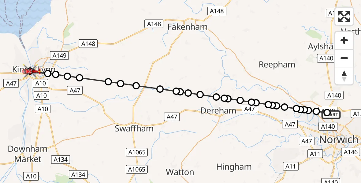 Flight route Air Ambulance Helicopter Norwich Airport - West Lynn, 31 August 2026, 12:25