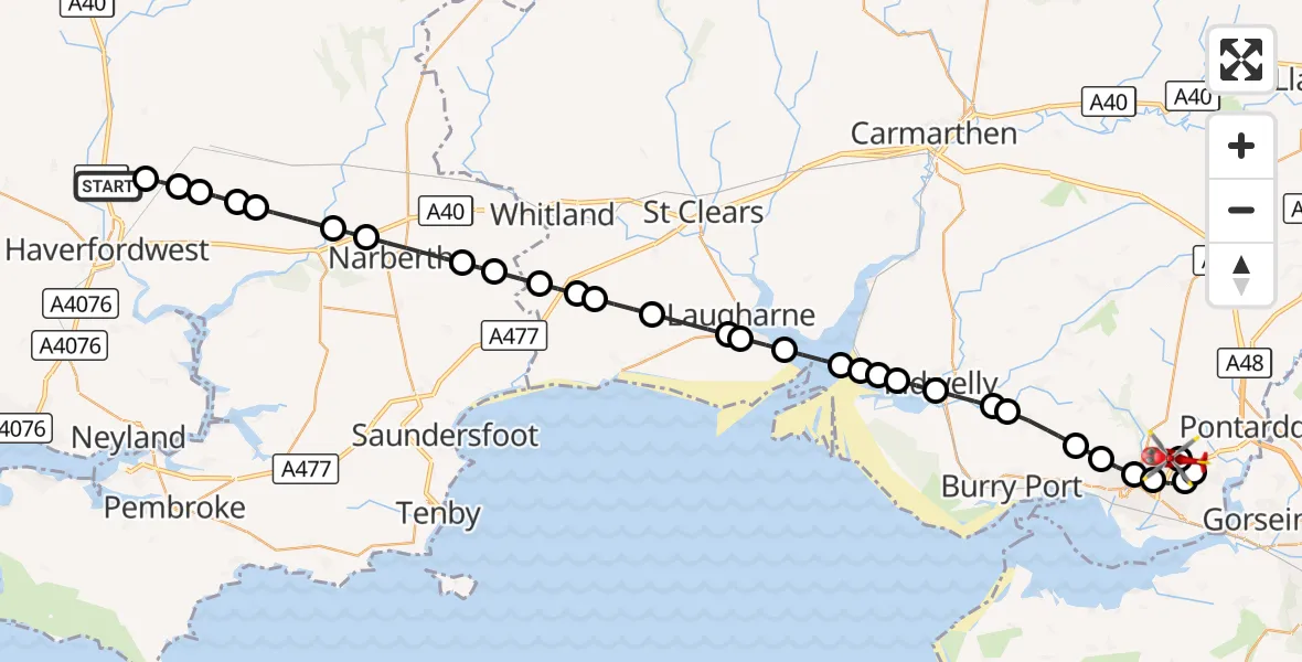 Flight route Air Ambulance Helicopter Haverfordwest Airport - Dafen, 31 August 2026, 12:28