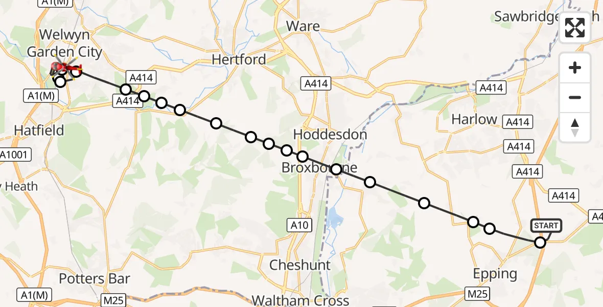 Flight route Air Ambulance Helicopter North Weald Airfield - Welwyn Garden City, 31 August 2026, 12:29