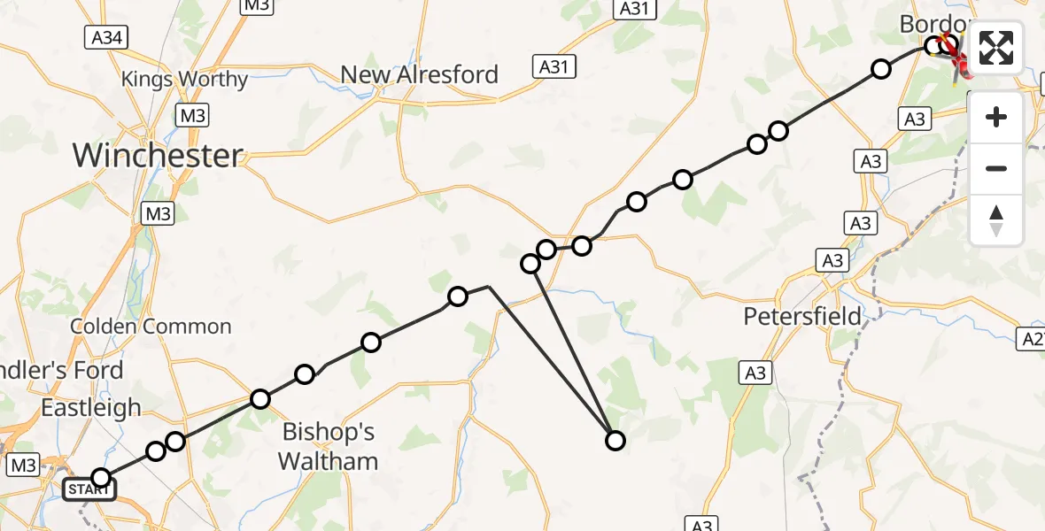 Flight route Air Ambulance Helicopter Southampton Airport - Hollywater, 31 August 2026, 12:34