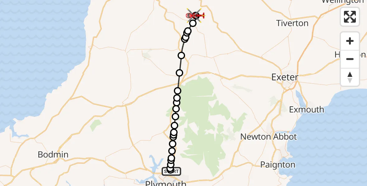 Flight route Air Ambulance Helicopter Derriford Hospital - Eaglescott Airfield, 31 August 2026, 12:34