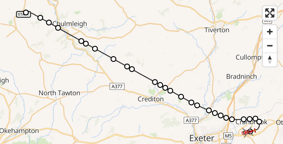Flight route Air Ambulance Helicopter Eaglescott Airfield - Exeter International Airport, 31 August 2026, 12:54