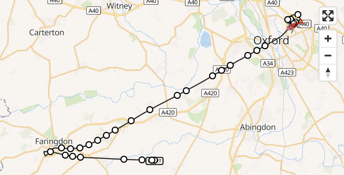Flight route Air Ambulance Helicopter Lyford - Oxford, 31 August 2026, 13:13