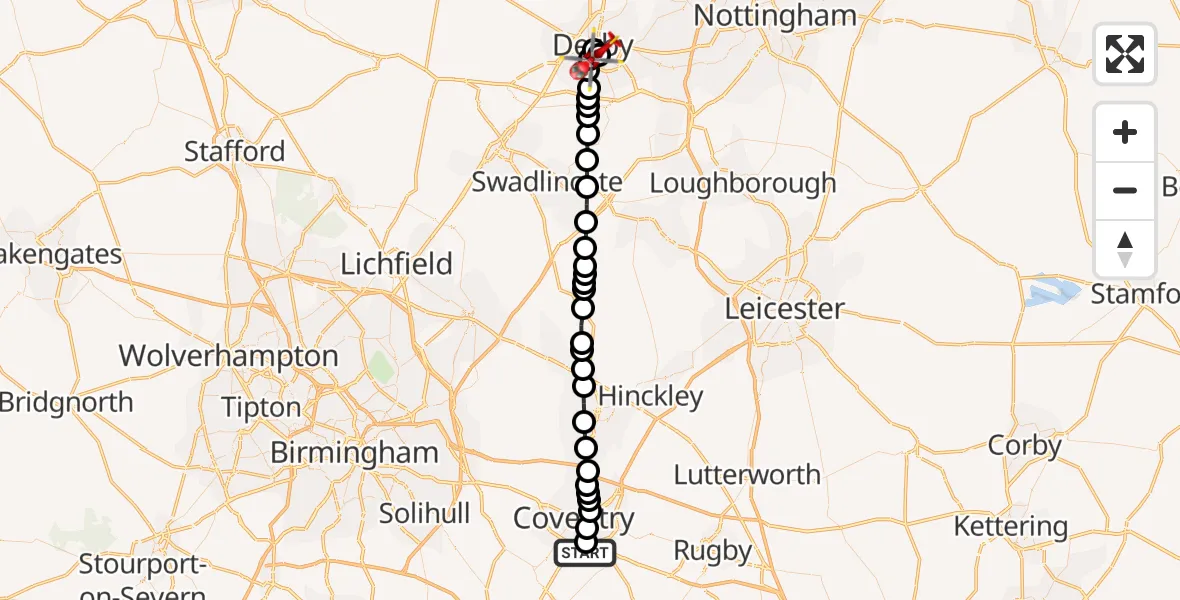Flight route Air Ambulance Helicopter Coventry Airport - Osmaston, 31 August 2026, 13:13