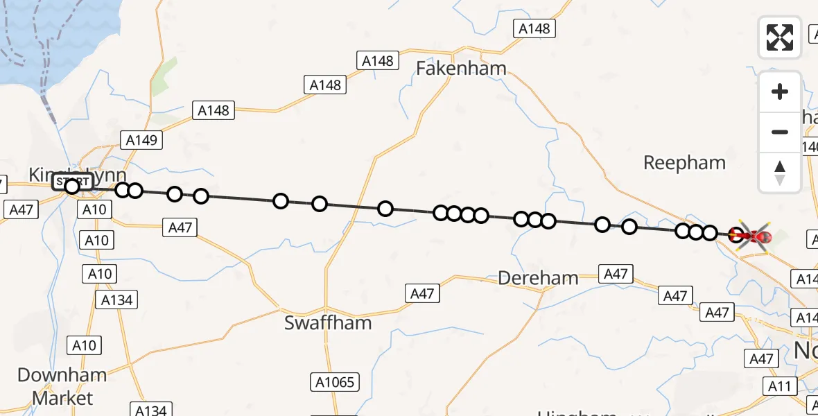 Flight route Air Ambulance Helicopter West Lynn - Felthorpe, 31 August 2026, 13:17