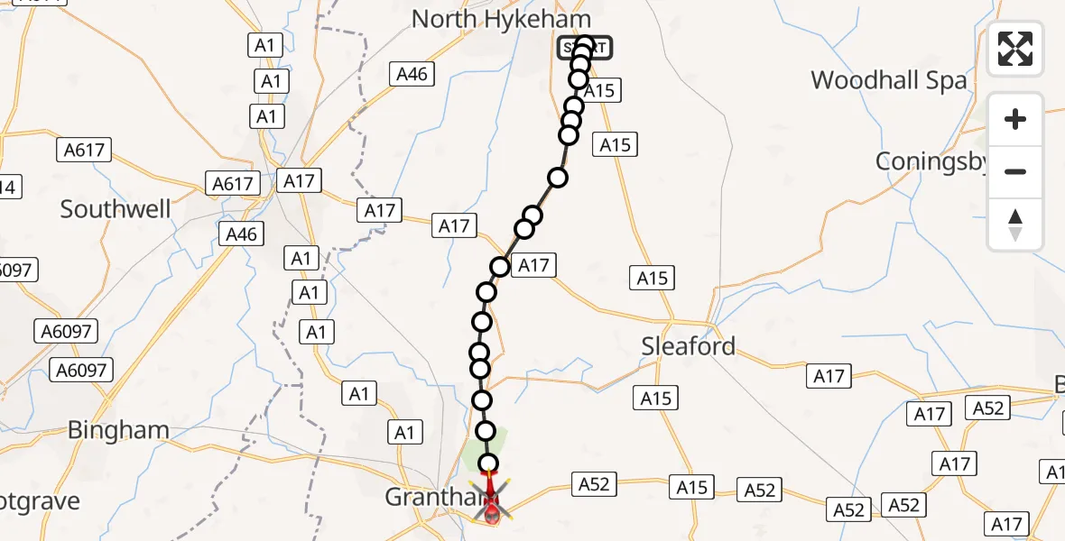 Flight route Air Ambulance Helicopter RAF Waddington - South Kesteven, 31 August 2026, 13:19