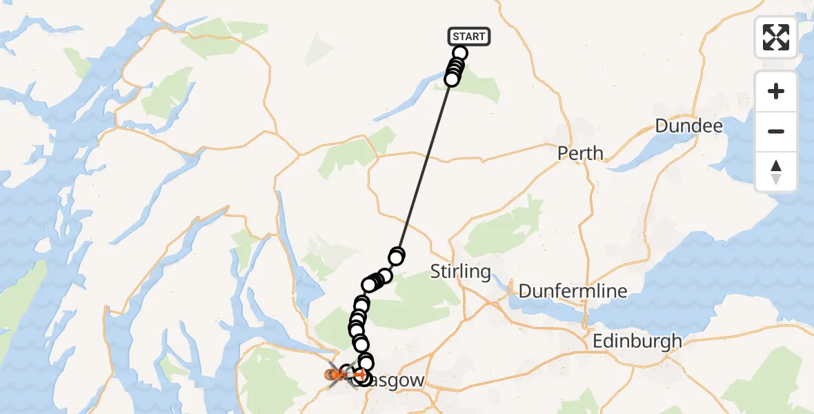 Flight route Coastguard Helicopter Aberfeldy - Glasgow Airport, 31 August 2026, 13:22