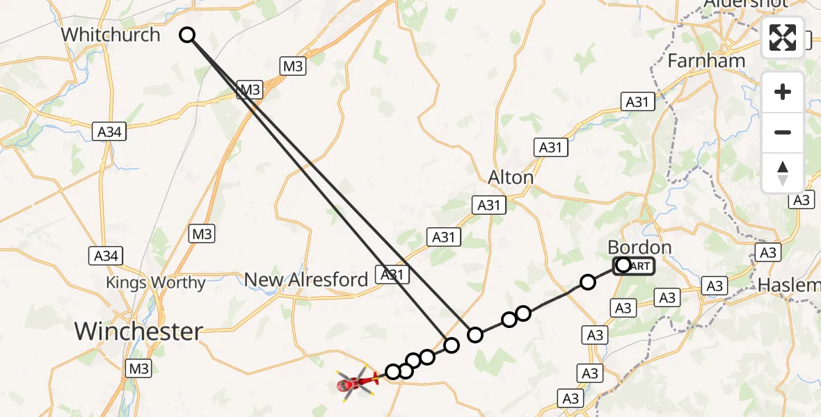 Flight route Air Ambulance Helicopter Whitehill - Brockwood Bottom Farm Airstrip, 31 August 2026, 13:25