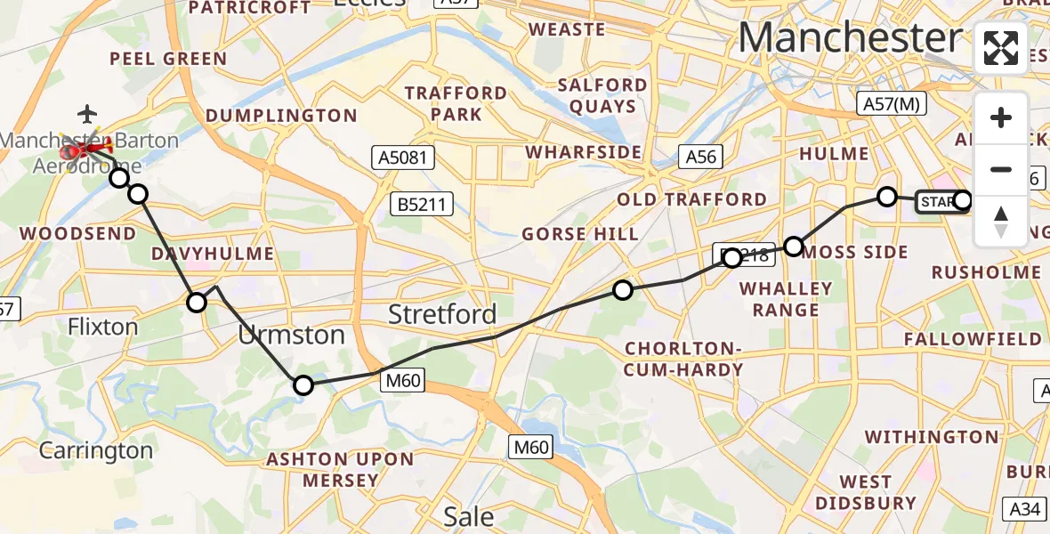 Flight route Air Ambulance Helicopter Ardwick - Irlam, 31 August 2026, 13:25