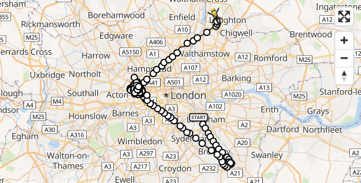 Flight route Police Helicopter New Cross - Sewardstonebury, 31 August 2026, 13:43