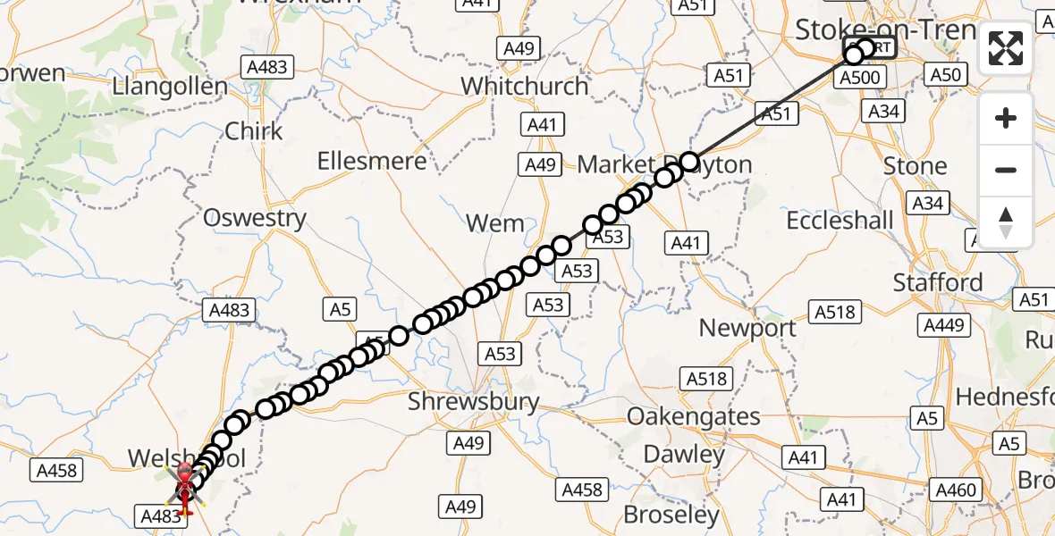 Flight route Air Ambulance Helicopter University Hospital North Staffs - Welshpool Airport, 31 August 2026, 13:47