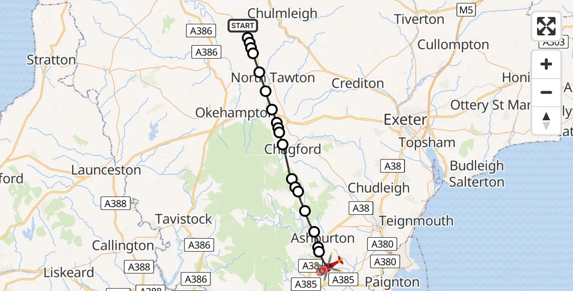 Flight route Air Ambulance Helicopter Winkleigh - South Hams, 31 August 2026, 13:48