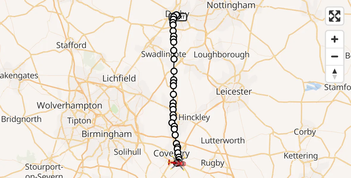 Flight route Air Ambulance Helicopter New Normanton - Coventry Airport, 31 August 2026, 13:49
