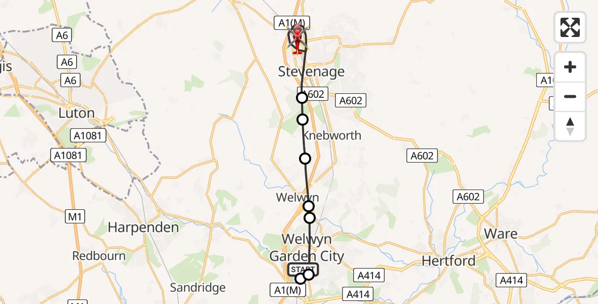 Flight route Air Ambulance Helicopter Welwyn Garden City - Stevenage, 31 August 2026, 13:50