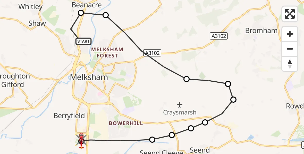 Flight route Air Ambulance Helicopter Melksham - Wiltshire Air Ambulance, 31 August 2026, 13:57