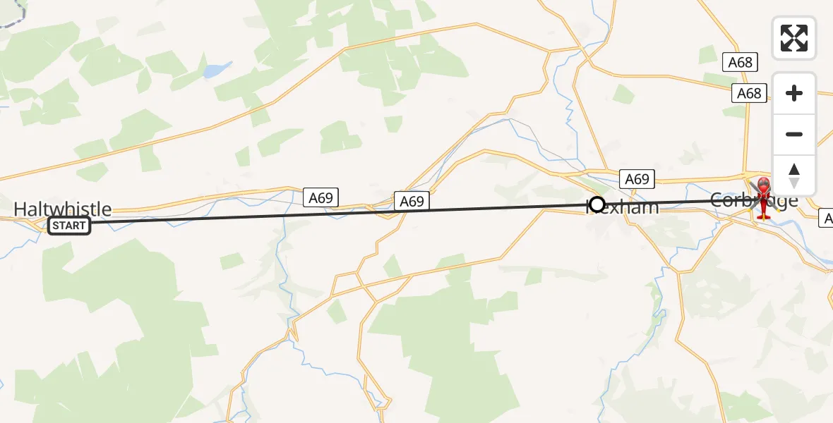 Flight route Air Ambulance Helicopter Haltwhistle - Corbridge, 31 August 2026, 13:59