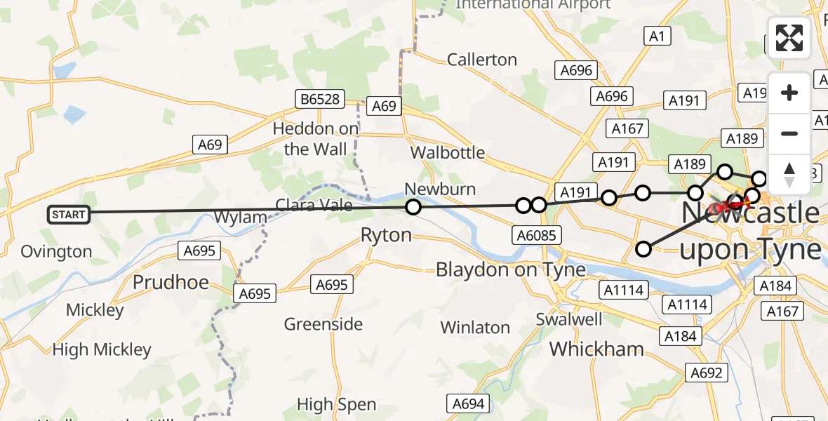 Flight route Air Ambulance Helicopter Ovingham - Newcastle Royal Victoria Infirmary, 31 August 2026, 14:06