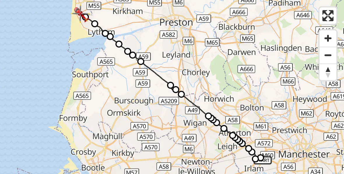 Flight route Air Ambulance Helicopter Manchester Barton Aerodrome - Blackpool Airport, 31 August 2026, 14:20