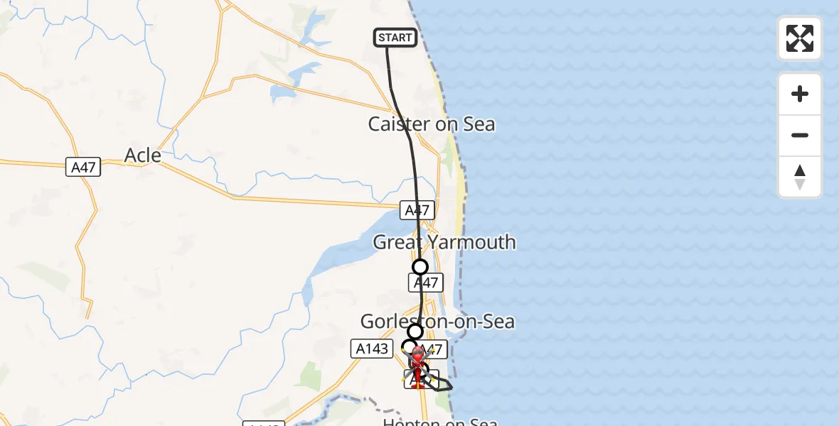 Flight route Air Ambulance Helicopter Great Yarmouth - James Paget Hospital, 31 August 2026, 14:25