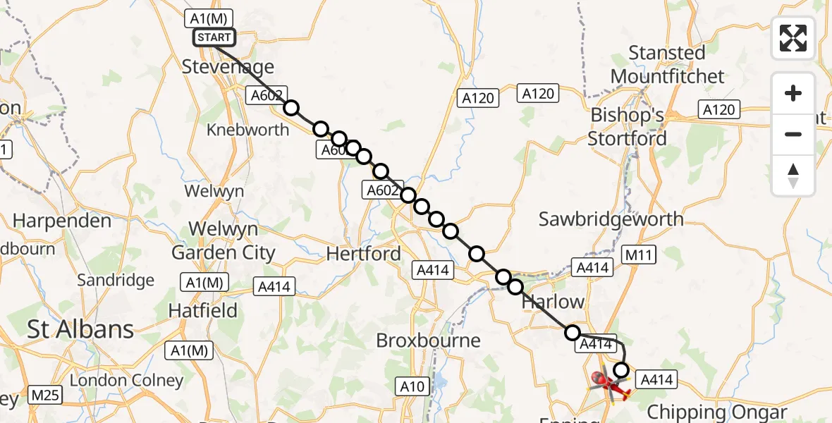 Flight route Air Ambulance Helicopter Stevenage - North Weald Airfield, 31 August 2026, 14:26