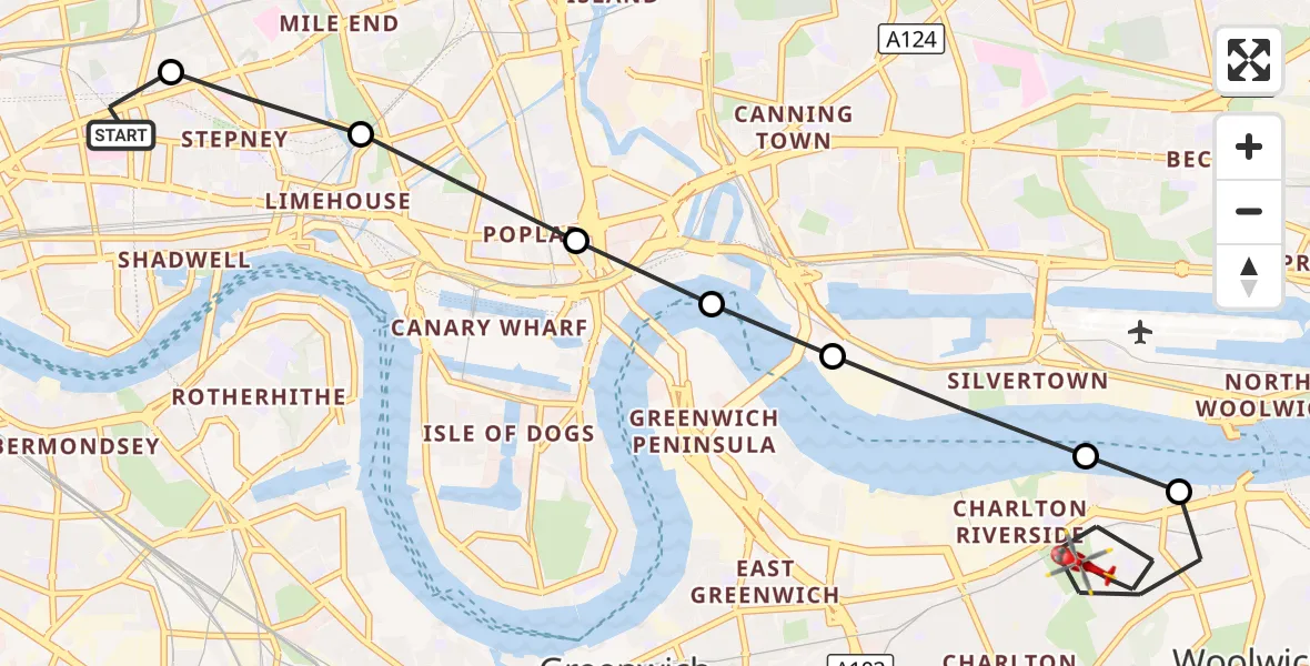 Flight route Air Ambulance Helicopter Royal London Hospital - Charlton Riverside, 31 August 2026, 14:31