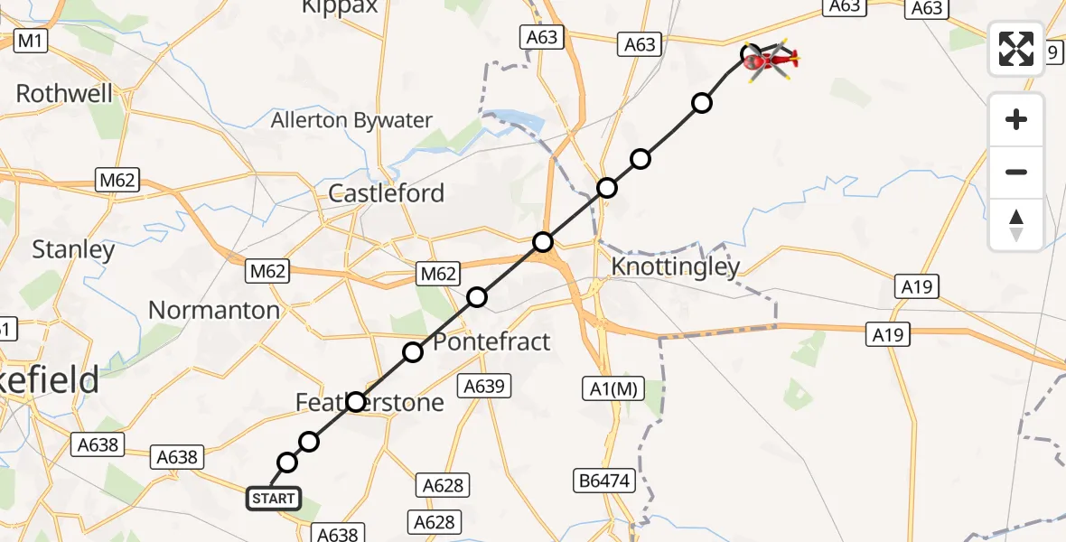 Flight route Air Ambulance Helicopter YAA Nostell Helicopter Port - Monk Fryston, 31 August 2026, 14:39