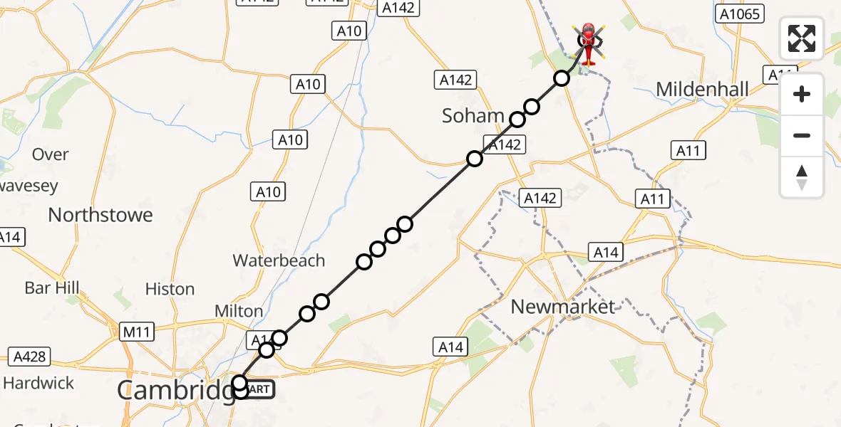 Flight route Air Ambulance Helicopter Cambridge City Airport - West Row, 31 August 2026, 14:40